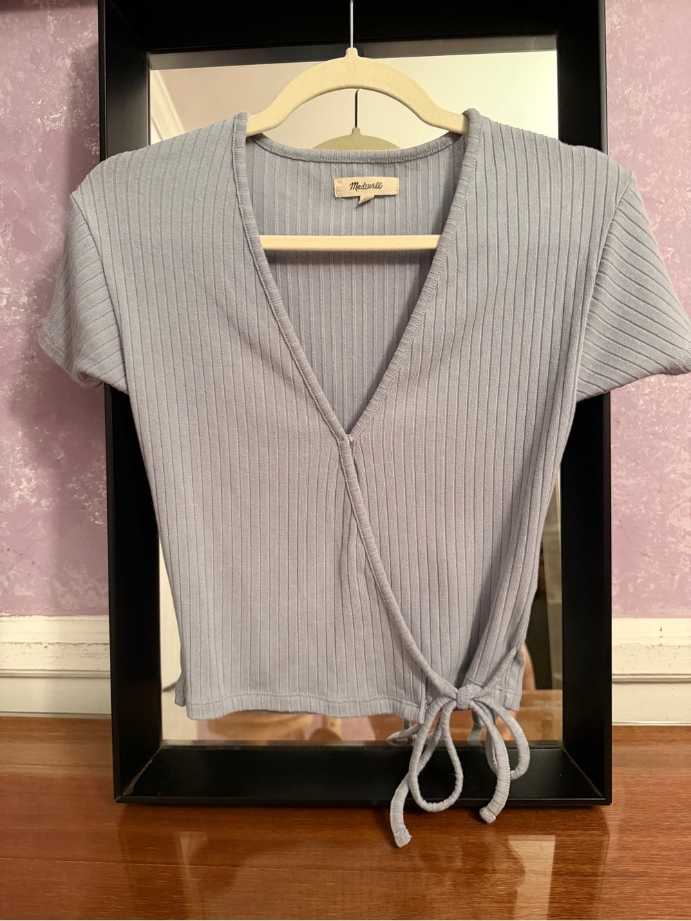 Madewell SZ XXS Pale Blue Ribbed Faux Wrap Crop Top